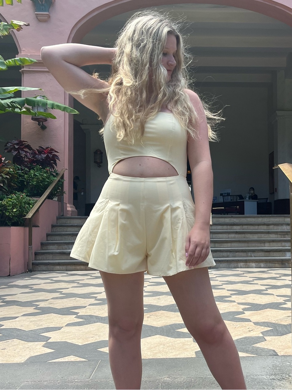 Women's Yellow High-Waist Flared Shorts with Cutout Top Romper